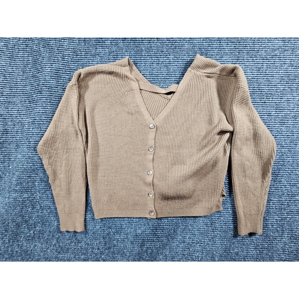 Pink Rose Womens Medium Camel Brown Waffle Knit Cropped Cardigan Balloon Sleeve